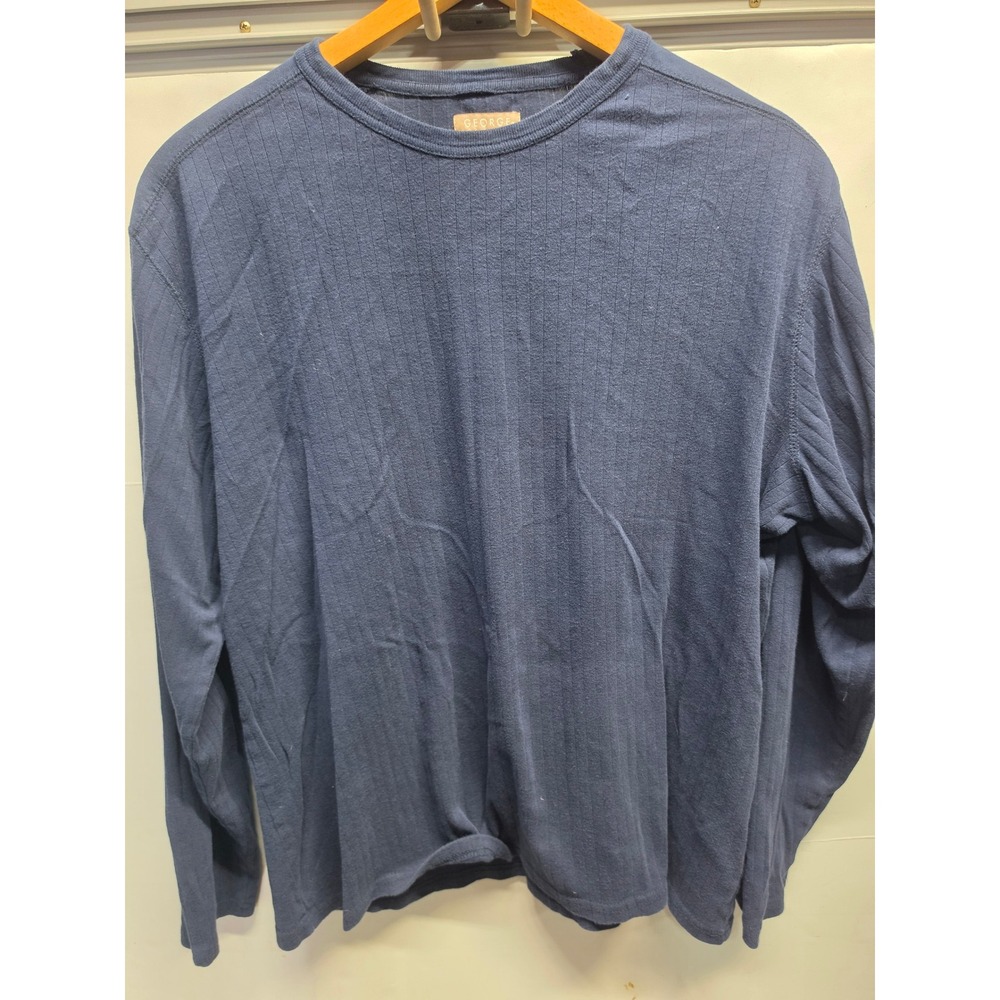 George Mens Navy Blue Ribbed Long Sleeve Crew Neck Shirt Size Large 42-44